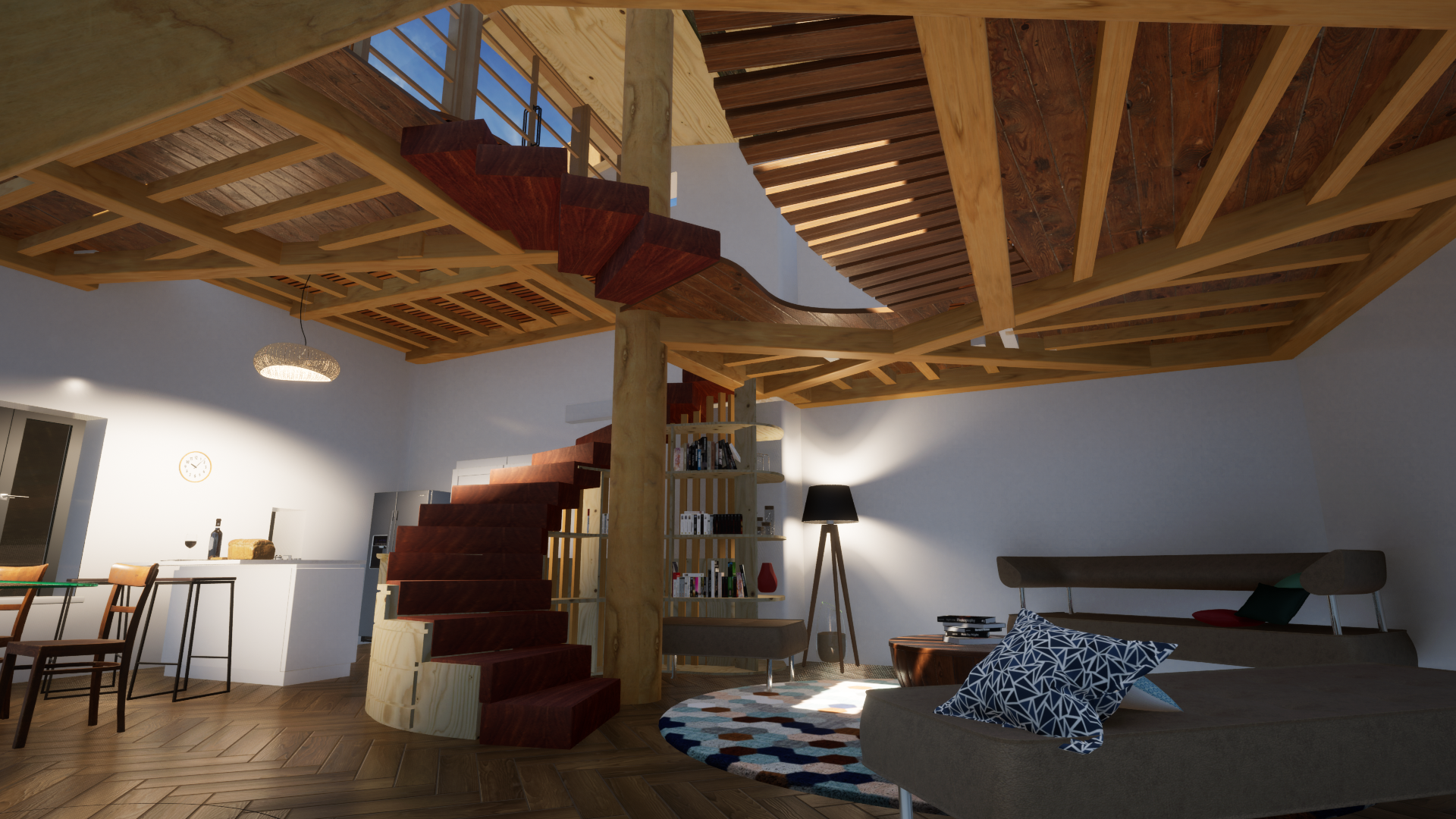 Rendu 3D couleur de l'escalier central et du séjour