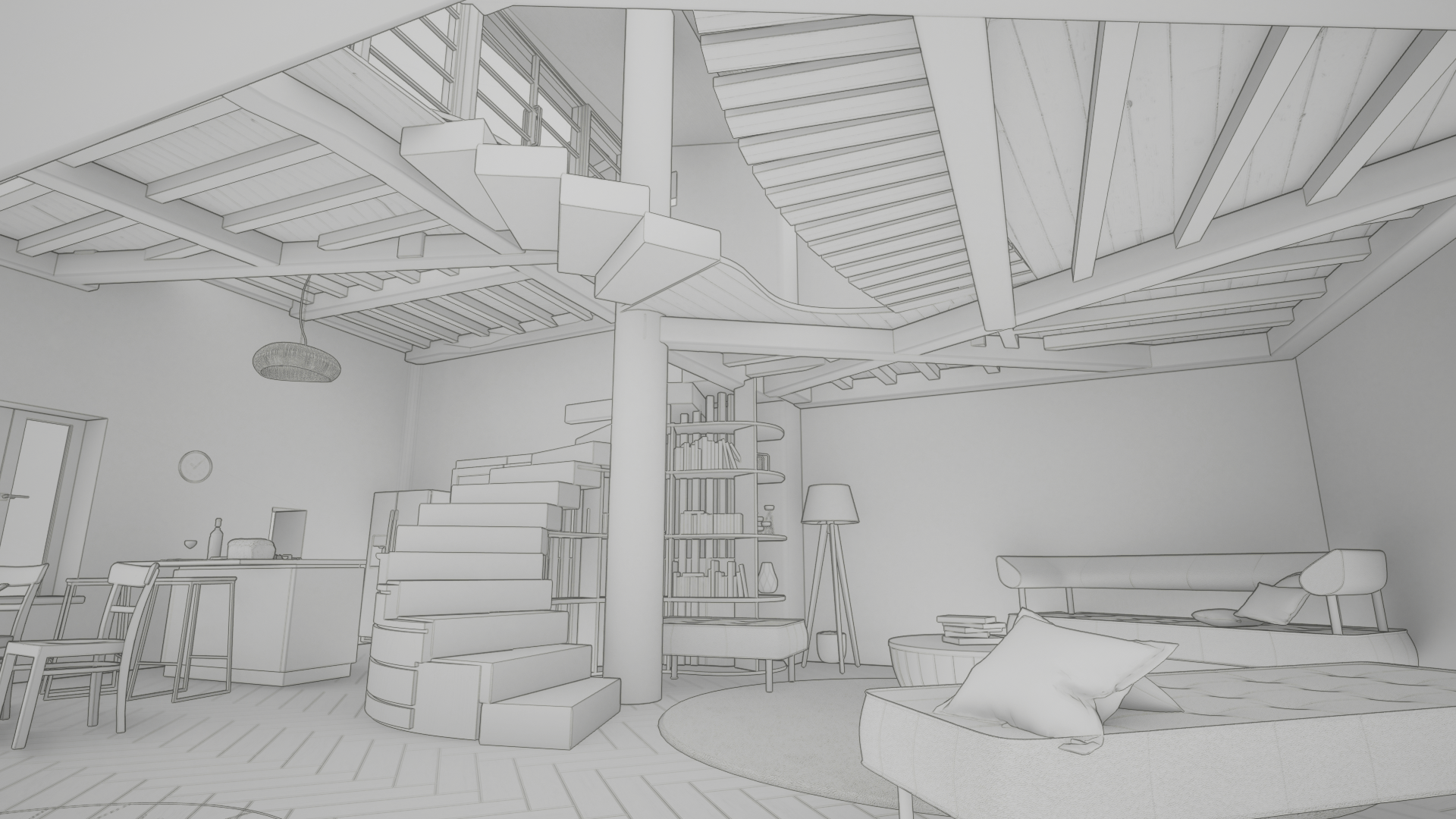 Modélisation 3D filaire de l'escalier central et du séjour