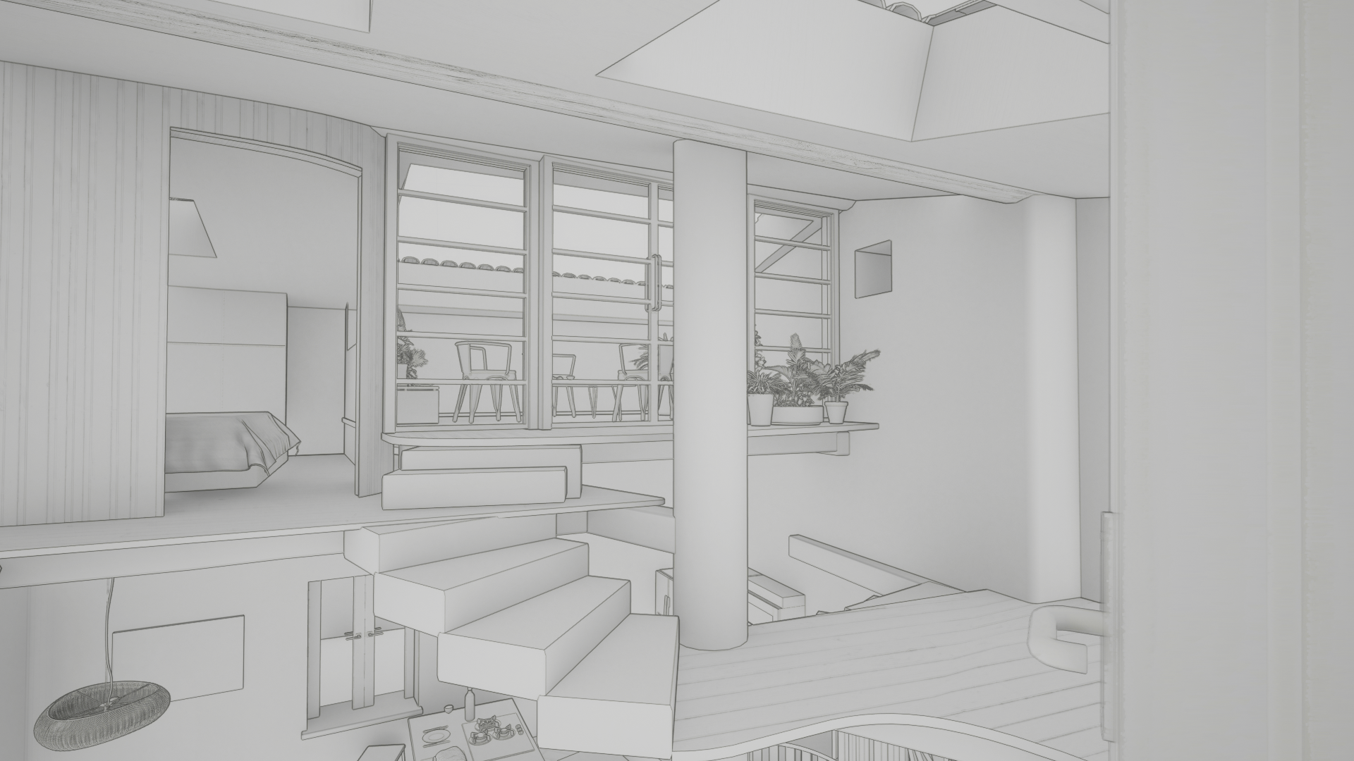 Modélisation 3D filaire de la mezzanine et de la terrasse