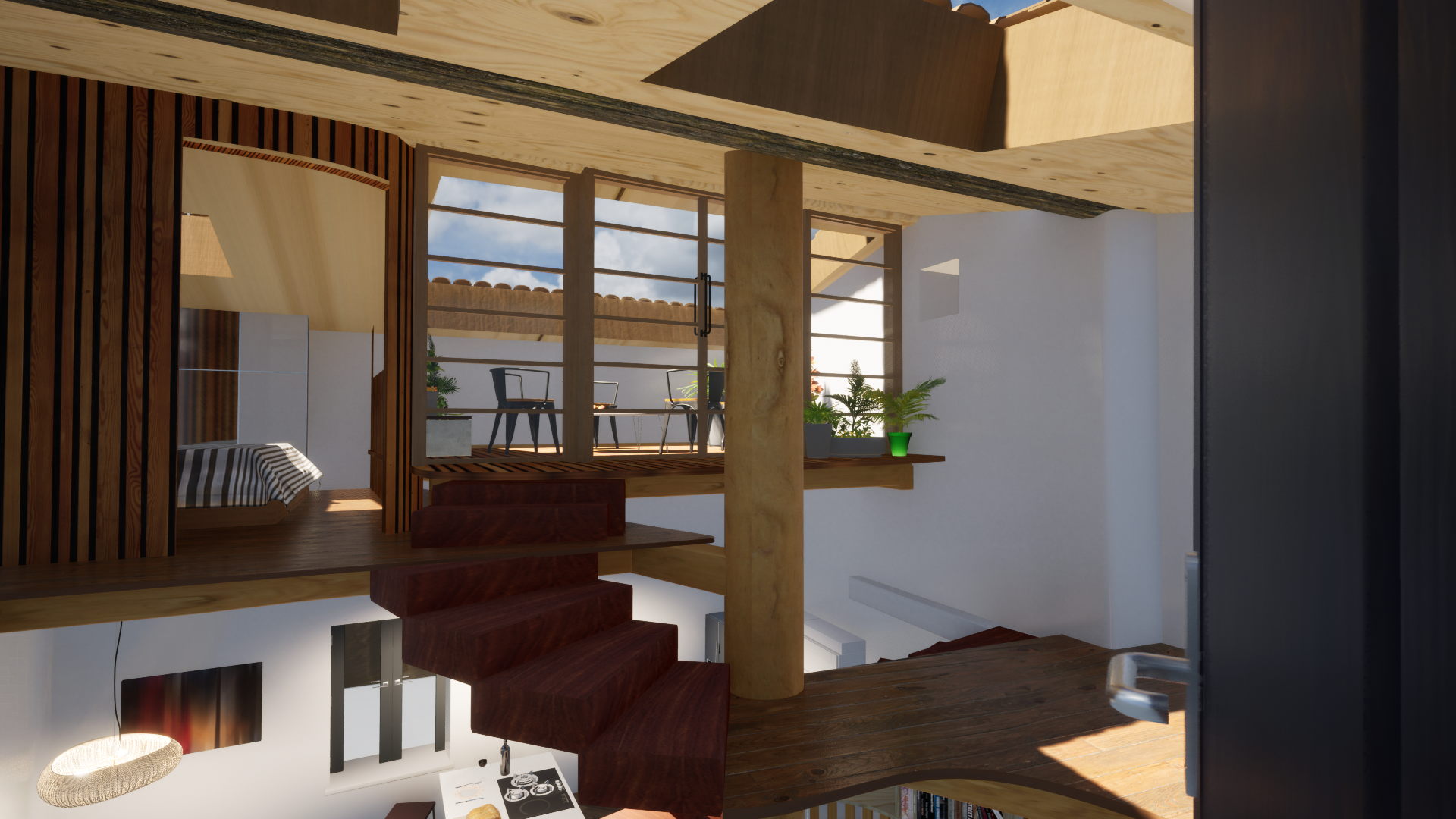 Rendu 3D couleur de la mezzanine et de la terrasse